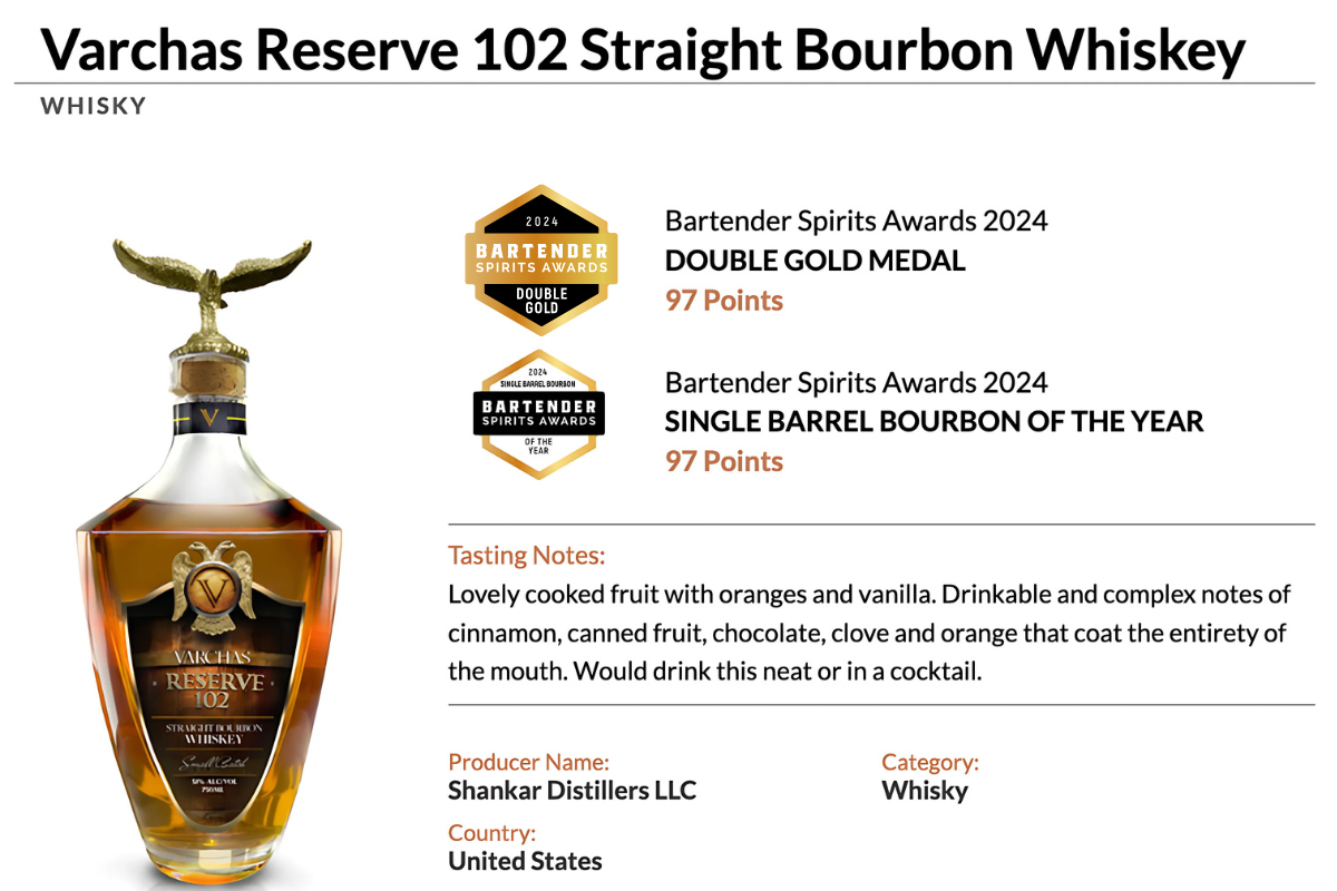 Varchas Reserve 102 Straight Bourbon Whiskey Winner of BSA